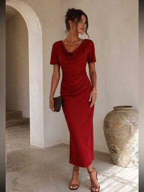 Zara Ruched Bodycon Midi Dress Burnt Orange Short Sleeve NWT S